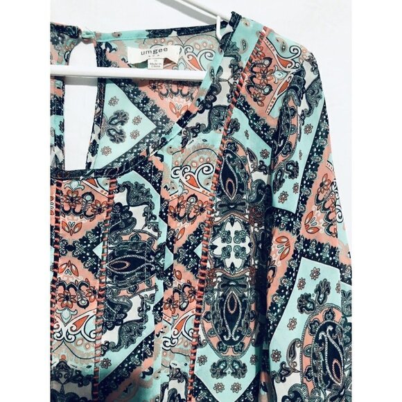 Umgee Womens Small Paisley Print Asymmetrical Hem Peasant Blouse Sheer Boho - Picture 3 of 6